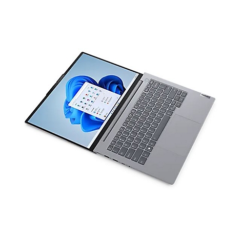 Grauer Laptop von Lenovo, geöffnet, zeigt Windows-Desktop mit App-Fenster.