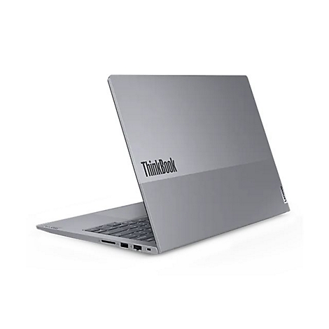 Graues Lenovo ThinkBook-Laptop. Auf der Oberseite steht "ThinkBook".