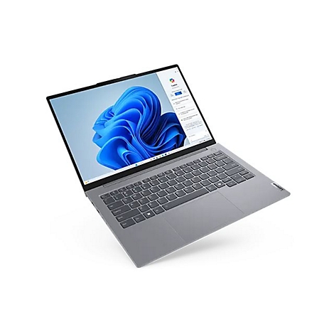 Graues Lenovo-Laptop, geöffnet, mit Windows 11-Hintergrund. Die Tastatur ist deutlich erkennbar.