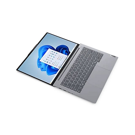 Grauer Laptop von Lenovo, leicht geöffnet, mit geöffnetem Fenster und App-Fenster, auf weißem Hintergrund.