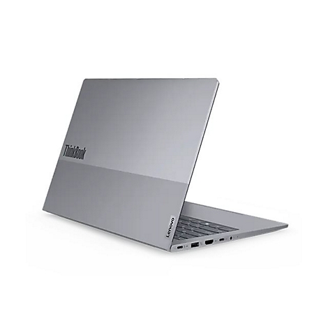 Graues ThinkBook-Laptop, leicht angewinkelt. Auf dem Deckel steht ThinkBook, am unteren Rand steht Lenovo.