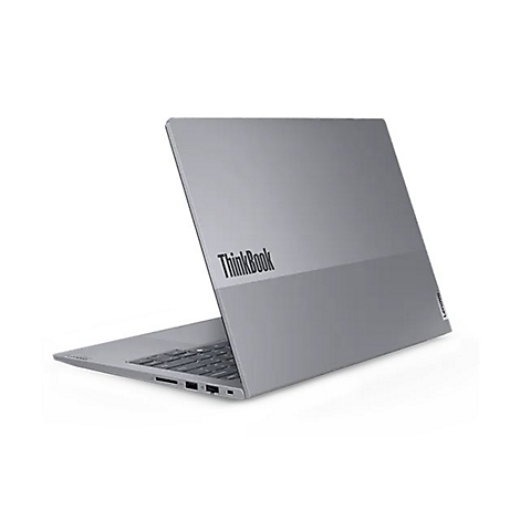 Graues Lenovo ThinkBook-Laptop-Gehäuse mit geöffnetem Display. Der Schriftzug ThinkBook ist deutlich sichtbar.