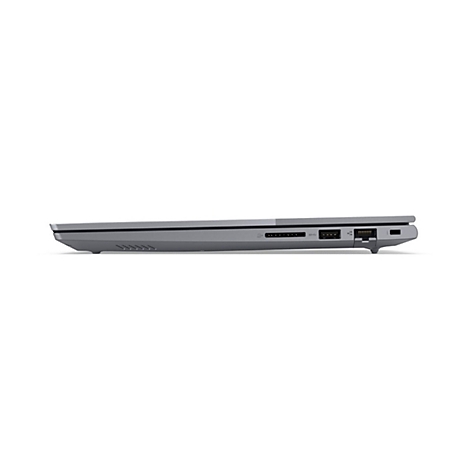 Grauer Laptop von der Seite. Sichtbar sind AnschlÃ¼sse, LÃ¼ftungsschlitze und das dÃ¼nne Profil.