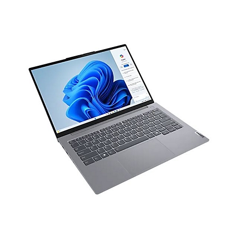 Grauer Laptop, halb geöffnet, zeigt Windows-Hintergrund und Tastatur. Lenovo-Logo unten rechts.