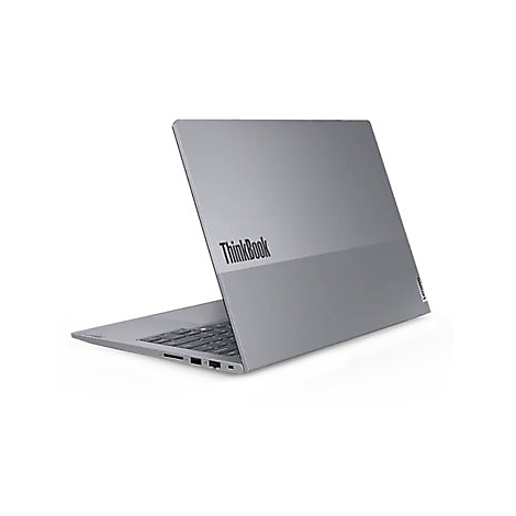 Grauer Laptop ThinkBook, halb geÃ¶ffnet. Auf dem Deckel steht der Markenname in schwarzer Schrift.