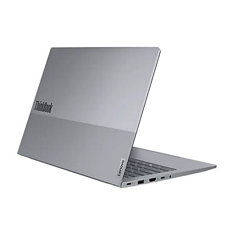 Graues ThinkBook-Laptop von Lenovo in leicht angewinkelter Ansicht vor weißem Hintergrund.