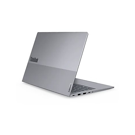 Silberner Lenovo ThinkBook-Laptop, teilweise geÃ¶ffnet. Auf der Oberseite steht 'ThinkBook'.