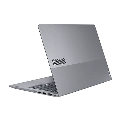 Grauer Laptop von hinten leicht geöffnet, ThinkBook-Logo, Lenovo-Schriftzug.