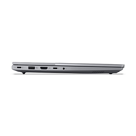 Graues Laptop-Profil. Anschlüsse: USB-C, USB, HDMI. Unterseite mit Lüftungsschlitzen.