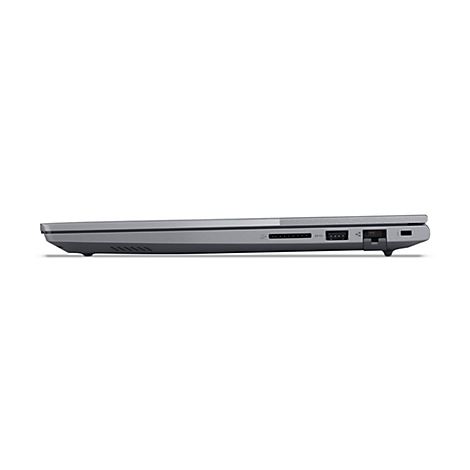 Grauer Laptop im Profil, Detailansicht der Anschlüsse. USB-Anschlüsse, Netzteil und Speicherkartenleser.