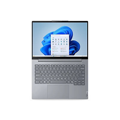 Grauer Laptop mit offenem Bildschirm, Tastatur und Touchpad. Der Bildschirm zeigt das Windows-Logo.