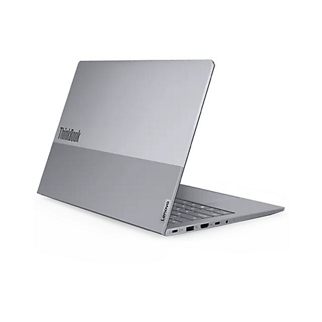 Grauer Laptop ThinkBook, leicht geöffnet. Auf der oberen rechten Ecke ist das Lenovo-Logo zu sehen.