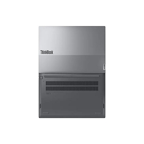 Draufsicht auf ein Lenovo ThinkBook Laptop. Oben ThinkBook, unten grau, dahinter Lenovo Logo.