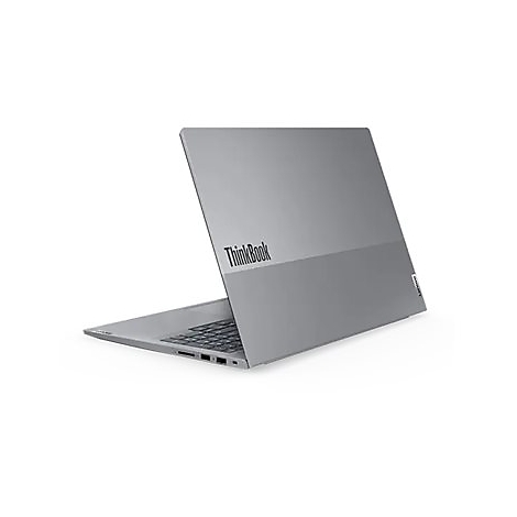Grauer Laptop, halb geÃ¶ffnet, mit ThinkBook-Logo. Der Bildschirm ist leicht angewinkelt.