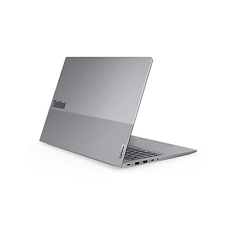 Grauer Laptop von Lenovo ThinkBook, teilweise geÃ¶ffnet. Die Marke ist auf dem Deckel zu sehen.