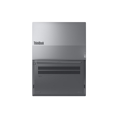 Ansicht von unten eines grauen Laptops mit ThinkBook-Logo. Die Lenovo-Marke ist ebenfalls deutlich zu sehen.