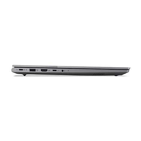 Grauer Laptop, Seitenansicht, auf weißem Hintergrund. Anschlüsse und Lüftungsschlitze sind sichtbar.