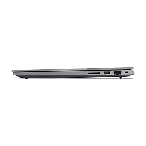 Graues Laptop-Seitenansicht auf weißem Grund. Zu sehen sind Anschlüsse, SD-Kartenslot, USB-Anschlüsse und ein Lüftungsgitter.