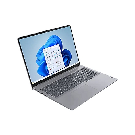 Graues Lenovo-Laptop mit Windows 11-Oberfläche. Auf dem Bildschirm ist ein App-Menü zu sehen.