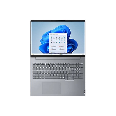 Hellgrauer Laptop, Ansicht von oben. Tastatur und Bildschirm mit Windows-Oberfläche sichtbar.