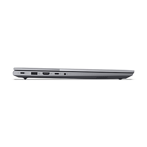 Grauer Laptop, Seitenansicht, zeigt Anschlüsse, HDMI-Anschluss und Kopfhöreranschluss. Auf hellem Hintergrund.