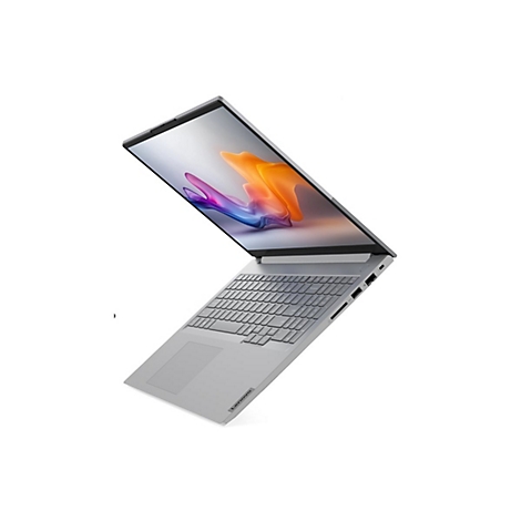 Silberner Laptop im Winkel. Auf dem Bildschirm ein farbenfrohes Design. Das Lenovo-Logo ist sichtbar.