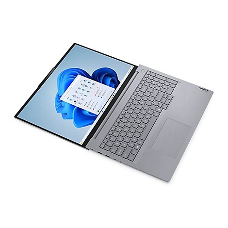 Grauer Lenovo Laptop, geöffnet, Windows 11 Oberfläche, Fenster geöffnet.