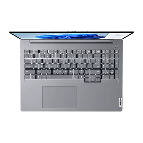Draufsicht auf einen grauen Laptop mit geöffnetem Bildschirm. Tastatur mit Tasten, Touchpad und Lenovo-Logo.