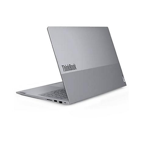 Grauer Laptop, leicht von oben betrachtet, mit "ThinkBook"-Schriftzug.