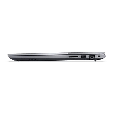Seitenansicht eines Laptops in Grau auf weißem Hintergrund, Anschlüsse sichtbar.