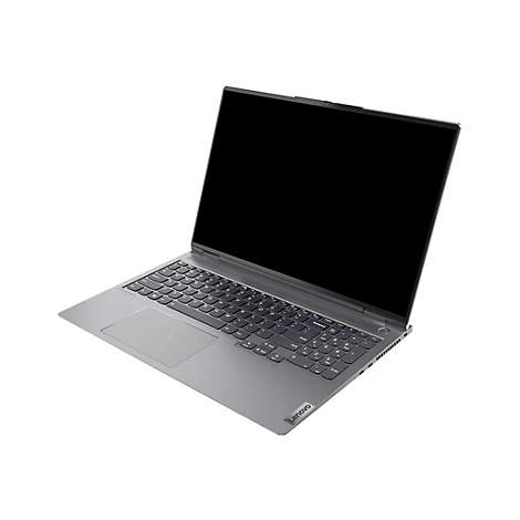 Grauer Laptop, leicht schräg von oben aufgenommen. Schwarzer Bildschirm, Tastatur, Touchpad und Lenovo-Logo.