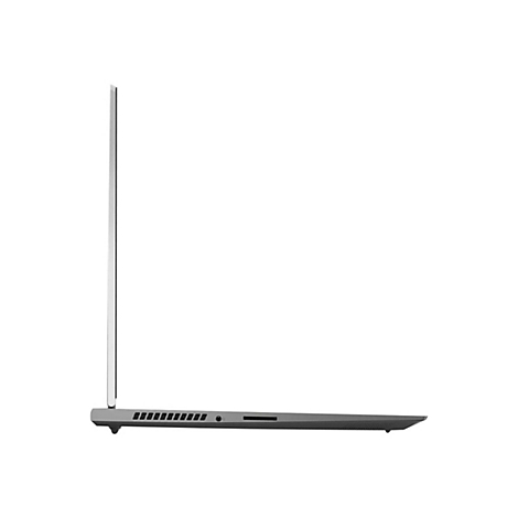 Grauer Laptop im Profil. Geöffneter Bildschirm, sichtbare Anschlüsse und Lüftungsschlitze.