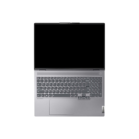 Hellgraues Laptop von oben, geöffnet. Die Tastatur ist deutlich zu sehen. Auf dem Bildschirm ist ein schwarzer Hintergrund.