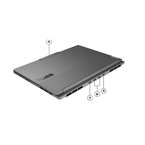 Ein graues ThinkBook-Laptop aus der Vogelperspektive. Mehrere Anschlüsse sind zu sehen.