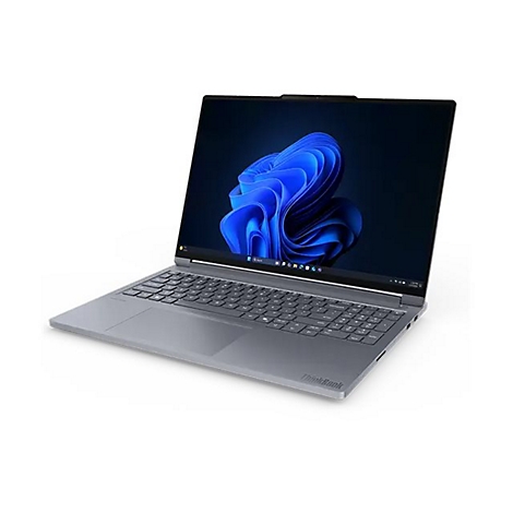 Grauer Laptop mit offenem Display. Auf dem Bildschirm ist ein blaues, abstraktes Muster zu sehen. Das ThinkBook Logo ist auf der Oberfläche.