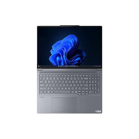 Grauer Laptop, von oben gezeigt, mit beleuchtetem Bildschirm, auf dem ein blaues abstraktes Muster zu sehen ist, und einer Tastatur.