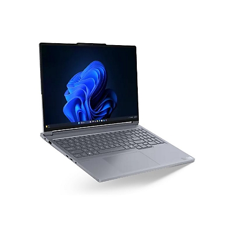 Grauer Laptop mit offenem Display. Auf dem Bildschirm ist ein blaues Windows-Hintergrundbild zu sehen.