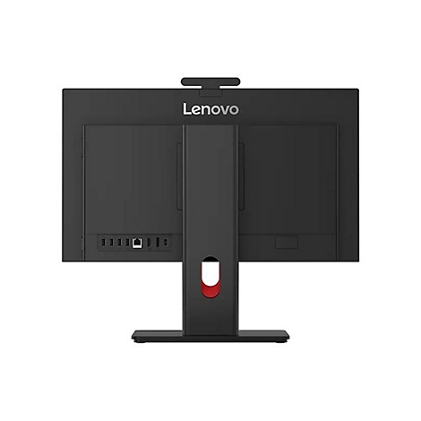 Schwarzer Lenovo All-in-One-PC von hinten mit dem Firmenlogo. Der Standfuß hat eine rote Markierung.