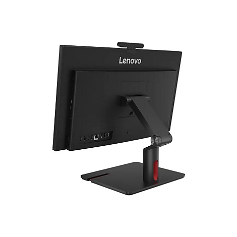 Rückansicht eines schwarzen Lenovo All-in-One-Computers, der auf einem Schreibtisch steht. Der Ständer ist schwarz und rot. Das Lenovo-Logo ist deutlich zu sehen.