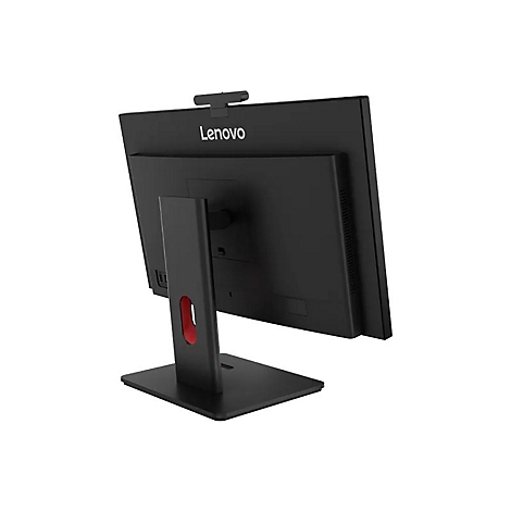 Schwarzer Lenovo-Monitor, Rückansicht. Rot umrandetes Loch im Ständer, Webcam auf dem Monitor.