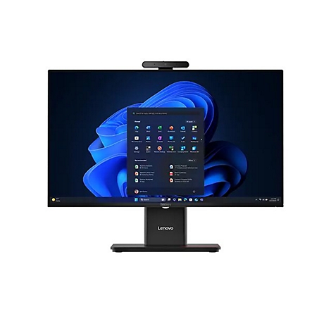 Ein schwarzer Lenovo All-in-One-Computer mit großem Bildschirm. Auf dem Bildschirm wird Windows 11 mit Anwendungs-Icons angezeigt.