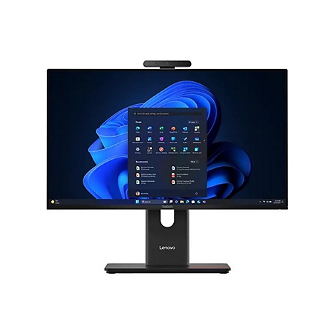 Ein Lenovo ThinkCentre-All-in-One-Desktop-Computer mit Webcam. Der Bildschirm zeigt die Windows 11-Oberfläche, auf der die App-Suche geöffnet ist.