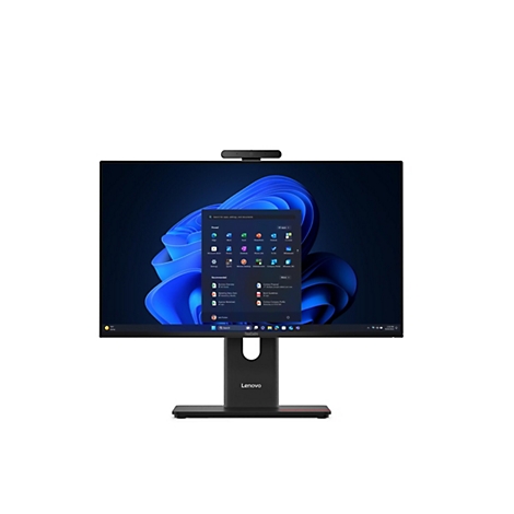 Ein Lenovo ThinkCentre Monitor mit Webcam, der einen Windows-Desktop anzeigt.