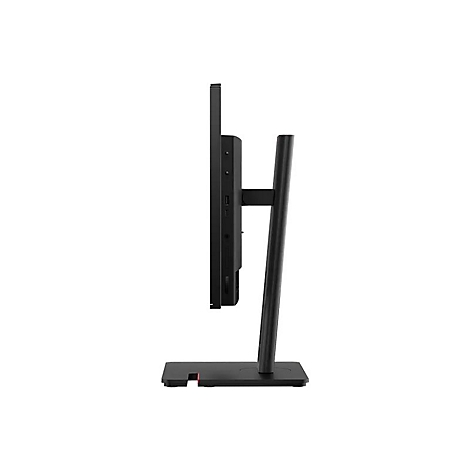 Schwarzer Monitor von der Seite, auf einem schwarzen Standfuß, vor weißem Hintergrund.