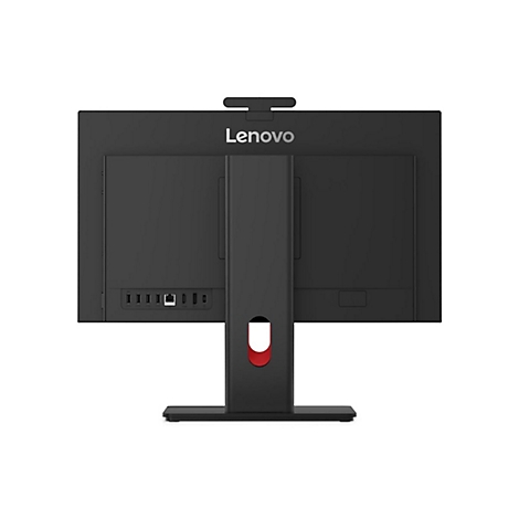 Schwarzer Lenovo All-in-One-PC von hinten mit Anschlüssen und Standfuß.