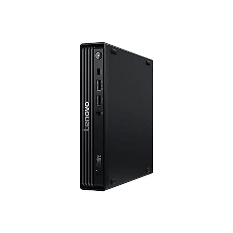 Schwarzer Lenovo ThinkCentre Mini-PC. Vorderseite mit Logo, Anschlüssen. Auf weißem Hintergrund.
