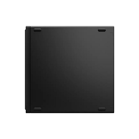 Schwarzer Desktop-PC, Ansicht von unten. Vier kleine Füße und eine Aussparung auf der Oberfläche.