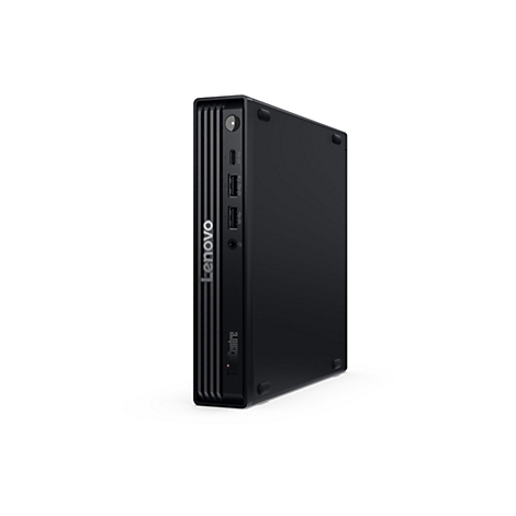 Schwarzer Lenovo ThinkCentre Mini-PC. Vorderseite mit Anschlüssen, seitlich Lenovo- und ThinkCentre-Logo, weißer Hintergrund.