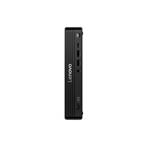 Schwarzer Lenovo ThinkCentre Mini-PC, vertikale Aufnahme, wei
ßer Hintergrund. Anschlüsse, Lenovo-Logo.