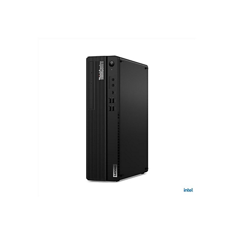 Schwarzer Lenovo ThinkCentre PC. Auf der Vorderseite sind Anschlüsse und das ThinkCentre-Logo zu sehen, mit Intel-Logo unten rechts.